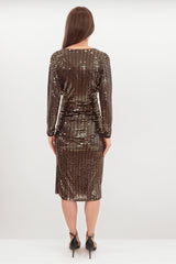 ABI GOLD & BLACK SEQUIN LONG SLEEVED MIDI DRESS WITH SIDE SPLIT