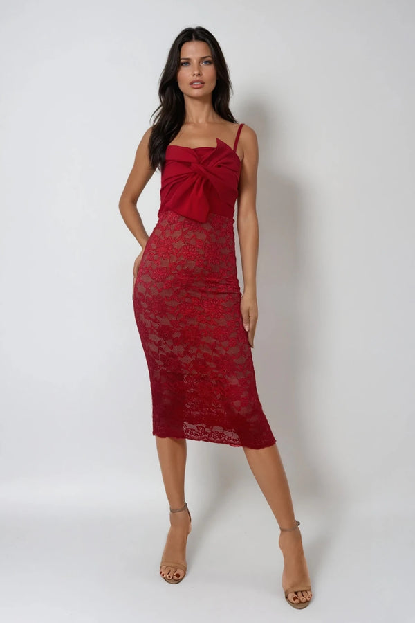 ANNALISE RED BOW LACE MIDI DRESS