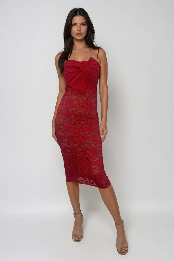 ANNALISE RED BOW LACE MIDI DRESS