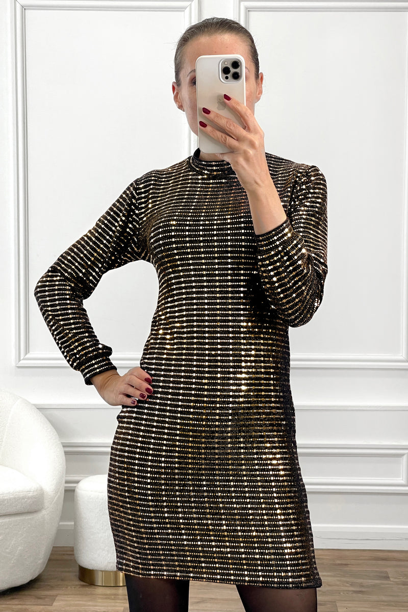 ASHLEY BLACK GOLD SEQUIN LONG SLEEVED MINI DRESS