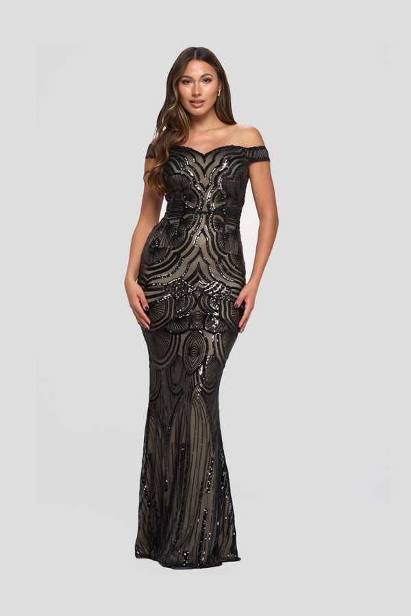 BRYNN BLACK NUDE SEQUIN OCASSION EVENING WEAR MAXI DRESS