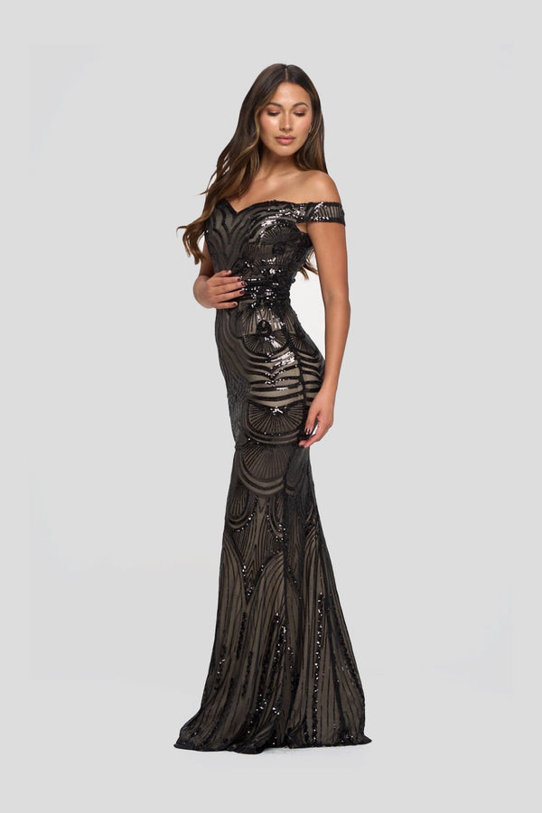 BRYNN BLACK NUDE SEQUIN OCASSION EVENING WEAR MAXI DRESS