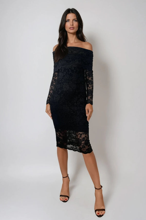 CAILEY BLACK LACE BARDOT MIDI DRESS WITH BLACK SLIP