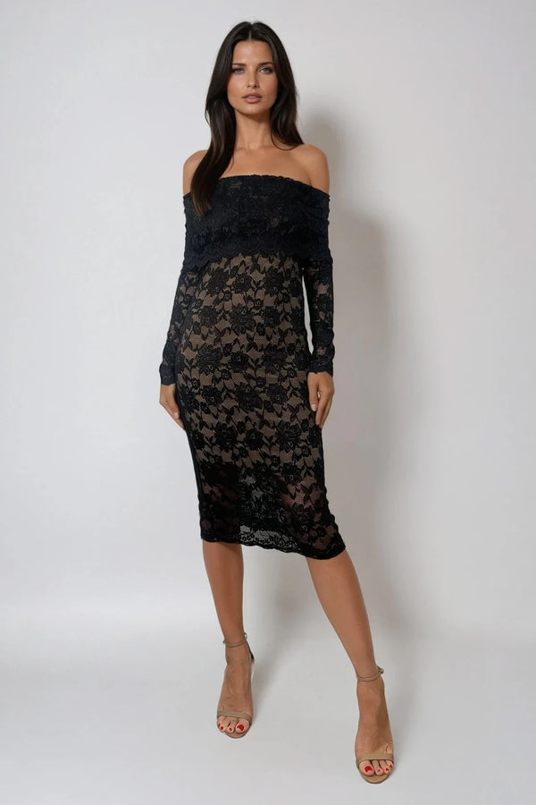 CAILEY BLACK LACE BARDOT MIDI DRESS WITH NUDE SLIP