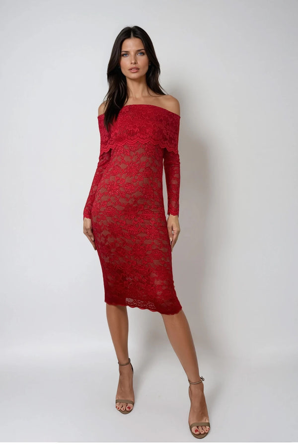 CAILEY RED LACE BARDOT MIDI DRESS WITH NUDE SLIP