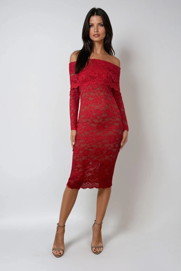 CAILEY RED LACE BARDOT MIDI DRESS WITH NUDE SLIP