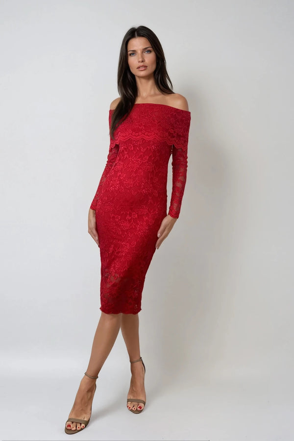 CAILEY RED LACE BARDOT MIDI DRESS WITH RED SLIP