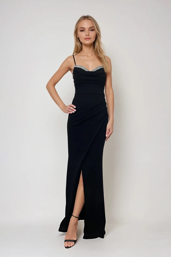 CHRISTIE BLACK DIAMANTE EMBELLISHED MAXI DRESS WITH WRAP SKIRT WITH SPLIT