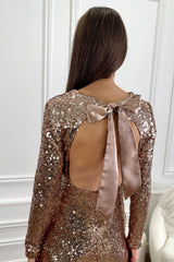 EVE ROSE GOLD SEQUIN BACKLESS BOW LONG SLEEVED MIDI DRESS