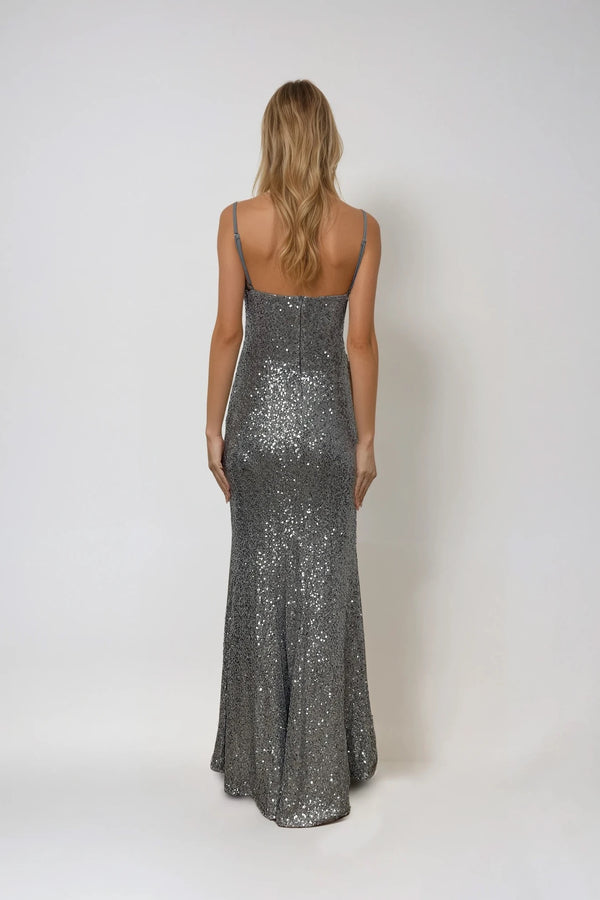 GISELLE SILVER SEQUIN OCCASION WEAR MAXI DRESS