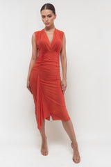 HANNAH BURNT ORANGE MIDAXI MIDI DRESS WITH FRILL