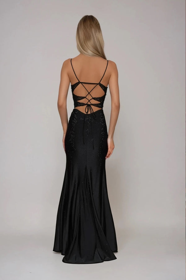 LIV BLACK PLUNGE EMBELLISHED WITH HOT FIX DIAMANTE MAXI DRESS