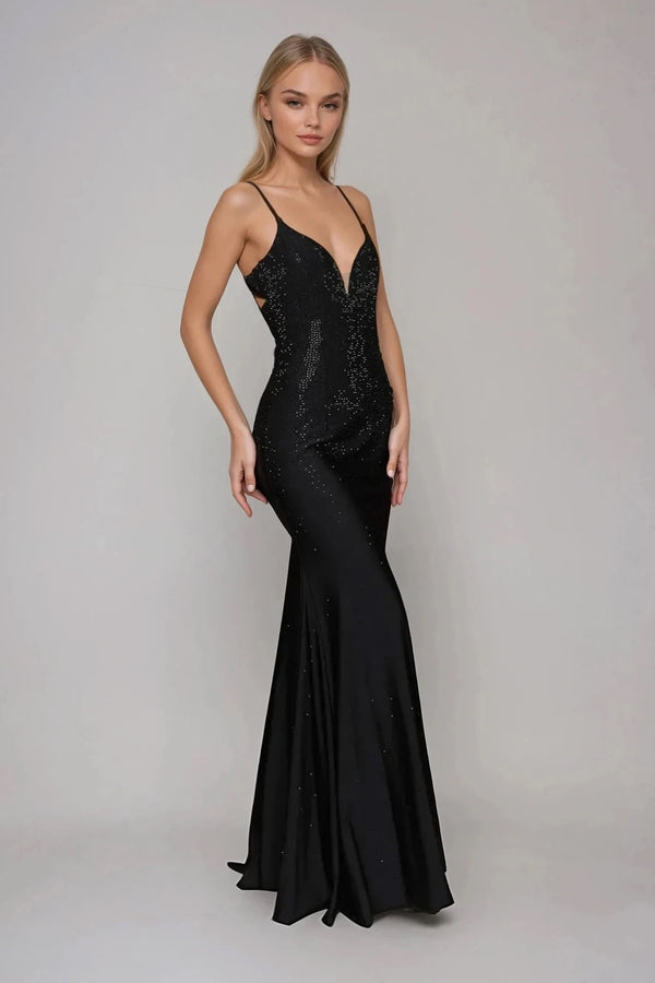 LIV BLACK PLUNGE EMBELLISHED WITH HOT FIX DIAMANTE MAXI DRESS