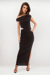 NATALIA BLACK MAXI OFF SHOULDER DRESS WITH CUT OUT & SIDE SPLIT