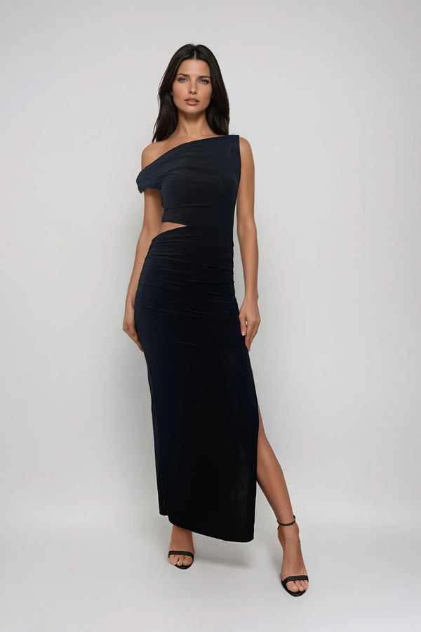 NATALIA BLACK MAXI OFF SHOULDER DRESS WITH CUT OUT & SIDE SPLIT