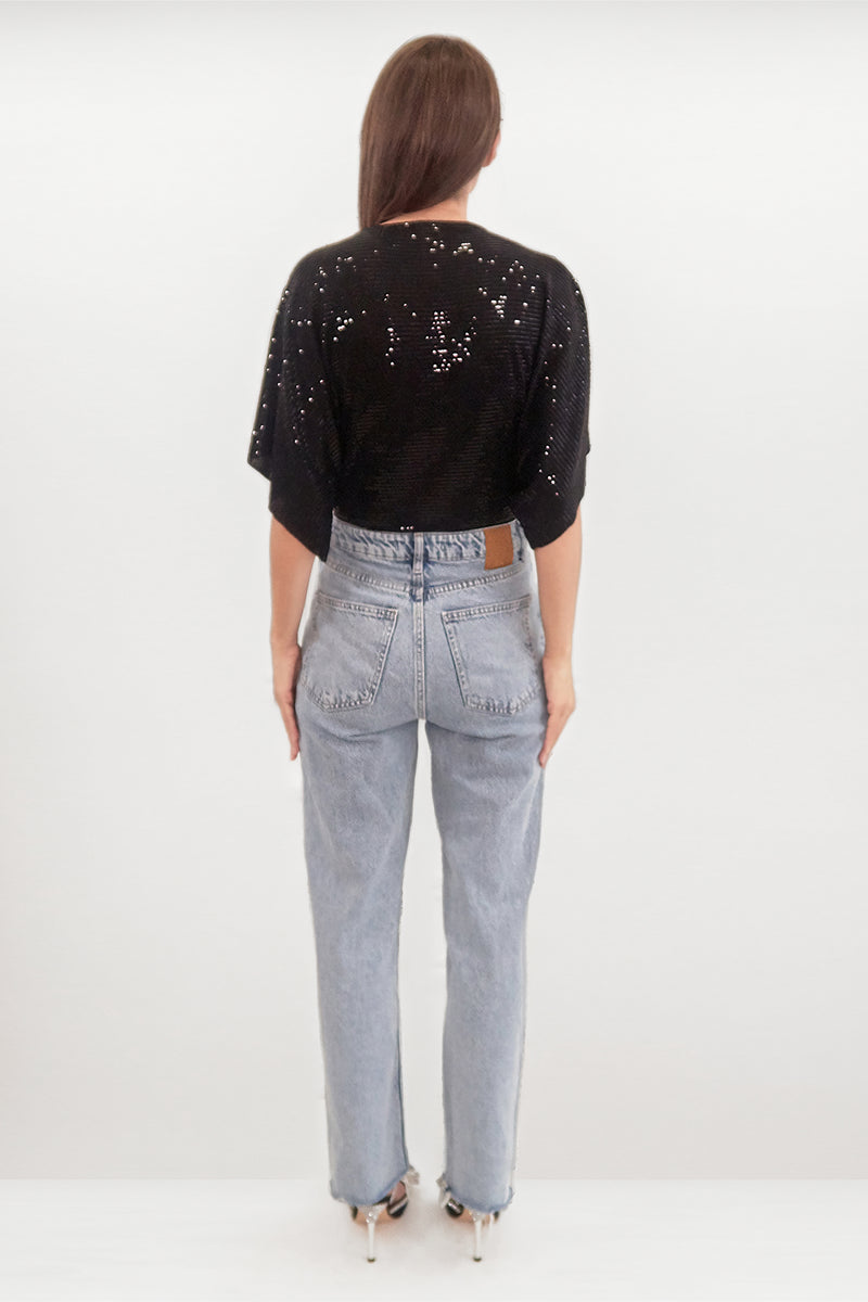 PERRIE BLACK SEQUIN ANGEL SLEEVED WRAP BODYSUIT TOP