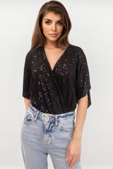 PERRIE BLACK SEQUIN ANGEL SLEEVED WRAP BODYSUIT TOP