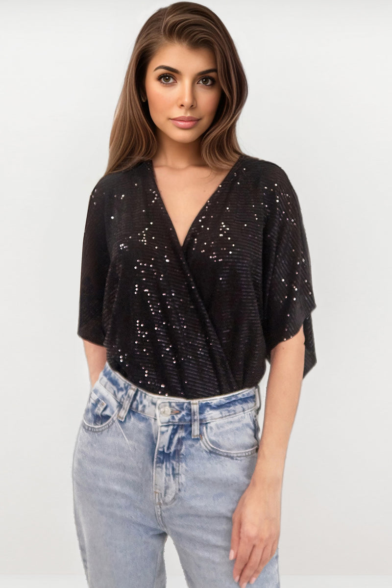 PERRIE BLACK SEQUIN ANGEL SLEEVED WRAP BODYSUIT TOP