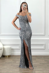 SOPHIE SILVER SEQUIN OCCASION EVENING WEAR MAXI DRESS WITH FRONT SPLIT