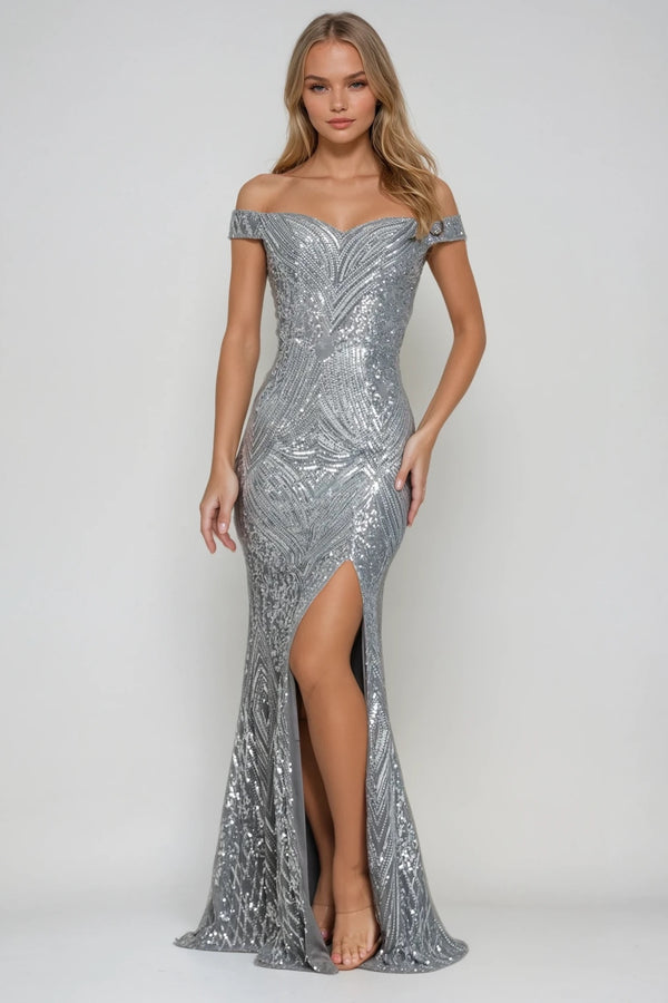 SOPHIE SILVER SEQUIN OCCASION EVENING WEAR MAXI DRESS WITH FRONT SPLIT