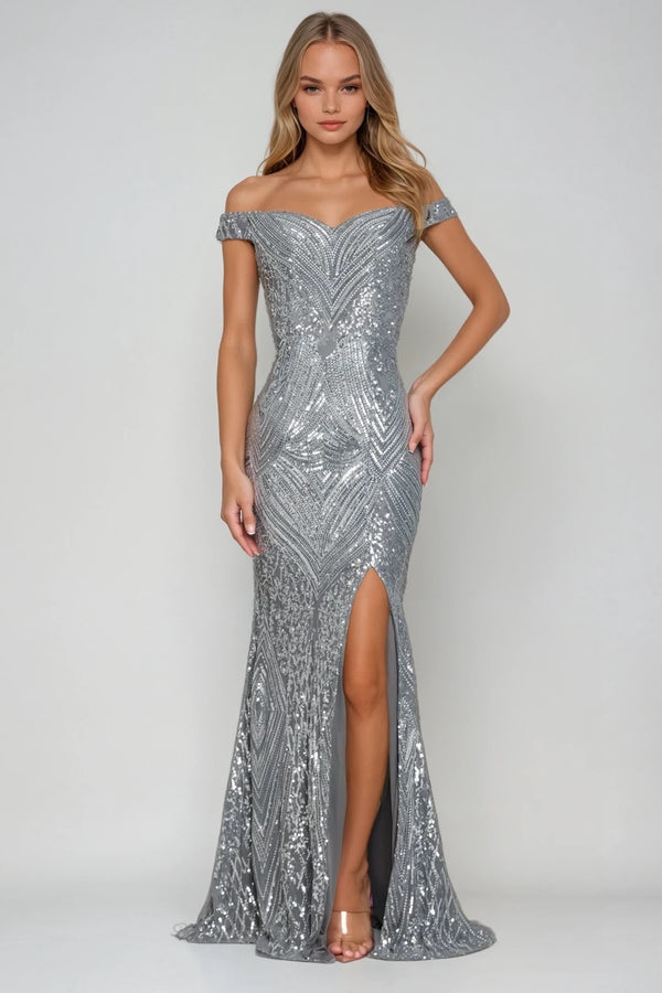 SOPHIE SILVER SEQUIN OCCASION EVENING WEAR MAXI DRESS WITH FRONT SPLIT