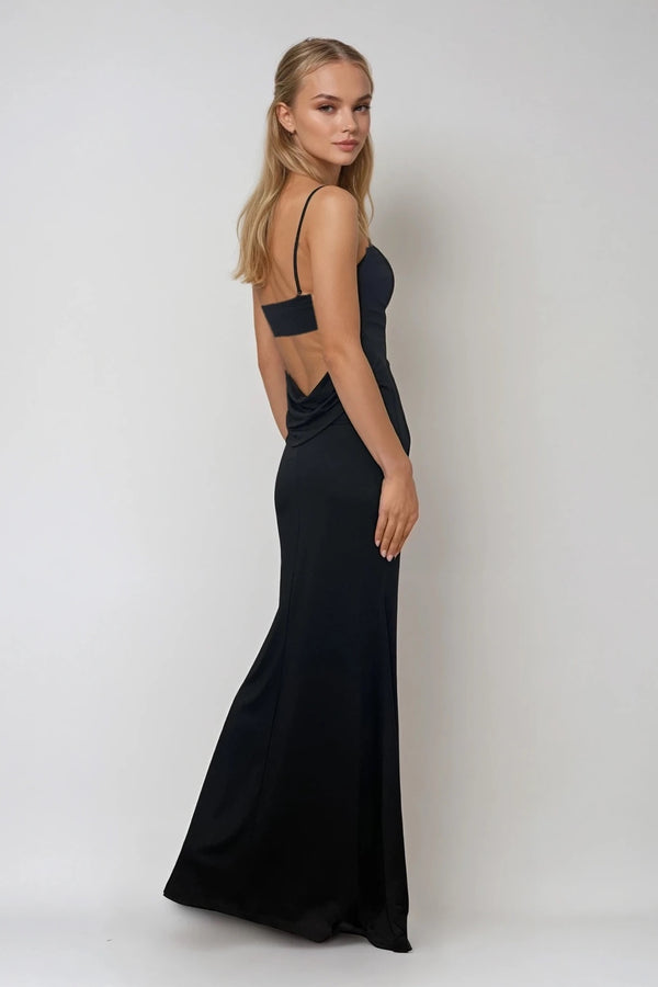 TARA BLACK COWL NECK OCCASION BACKLESS MAXI DRESS WITH WRAP SKIRT