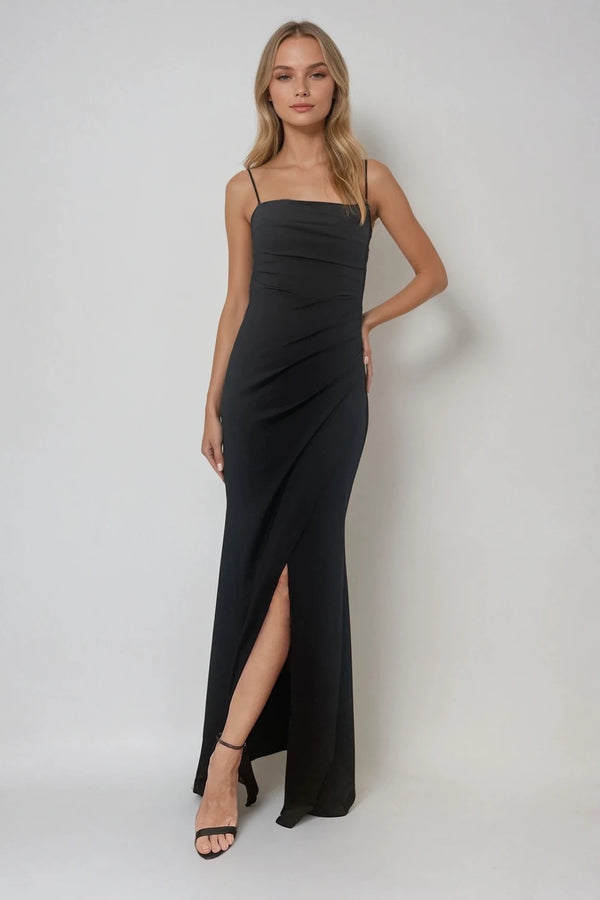 TARA BLACK COWL NECK OCCASION BACKLESS MAXI DRESS WITH WRAP SKIRT