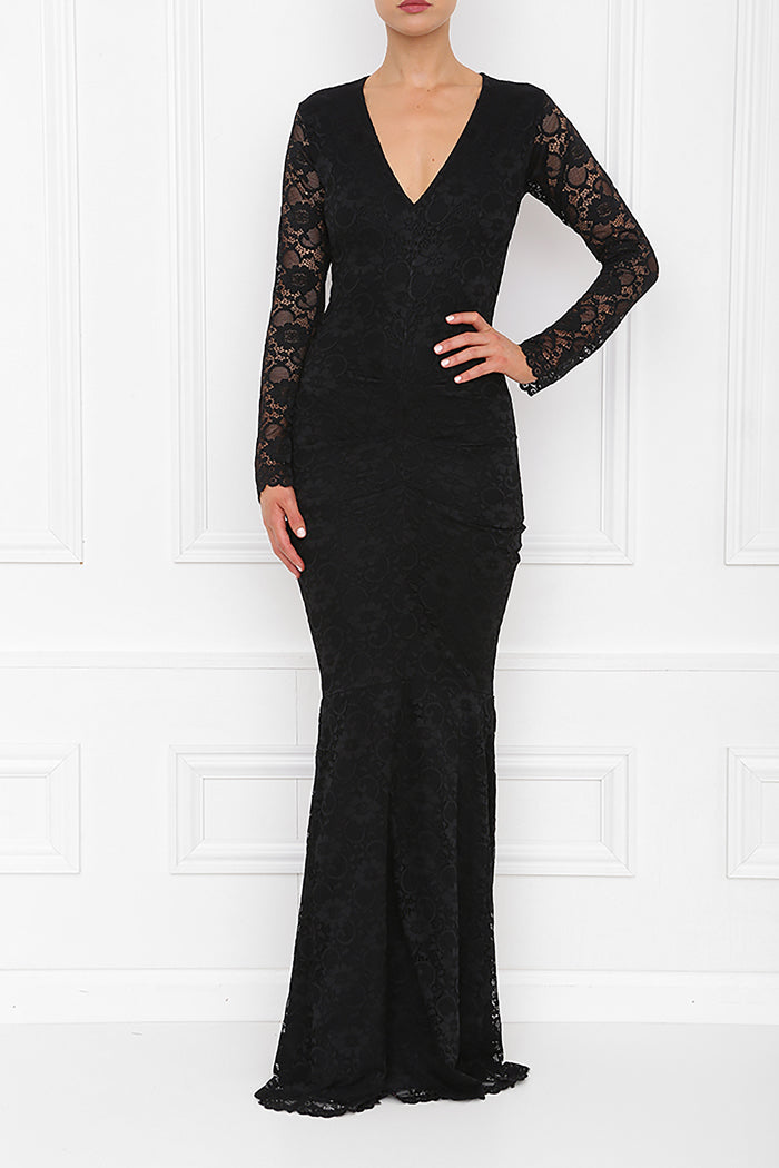 HONOR GOLD SAVANNAH BLACK LACE WITH LONG SLEEVES FISHTAIL MAXI DRESS Honor Gold